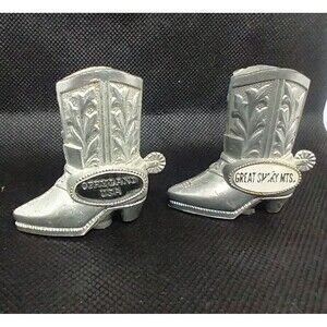 Tiny  Metal Cowboy Boot Salt Pepper Shakers Opryland USA Great Smky  Mtns VTG